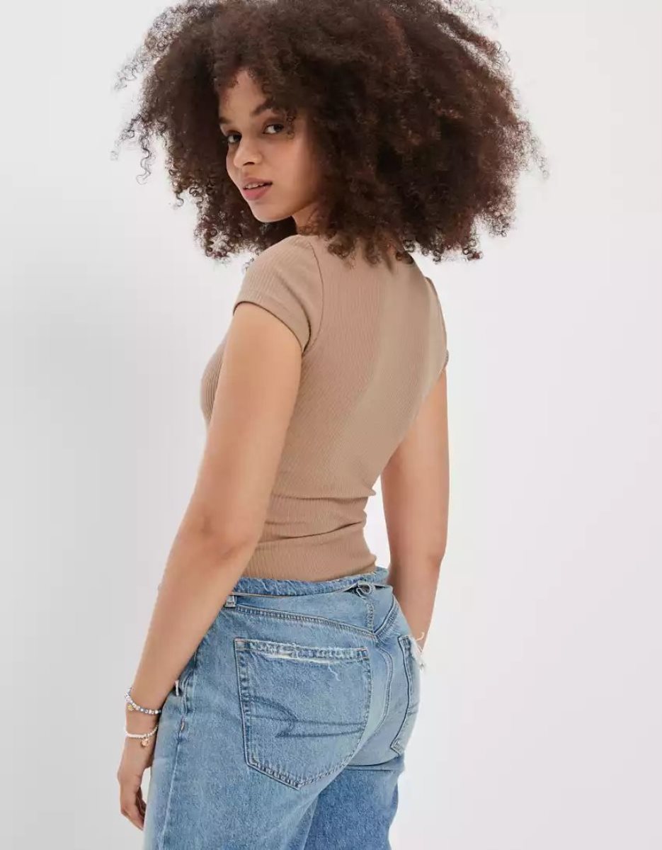 T Shirts American Eagle AE V-Neck Corta-Sleeve Bodysuit Marron Femme | HQD-12790532